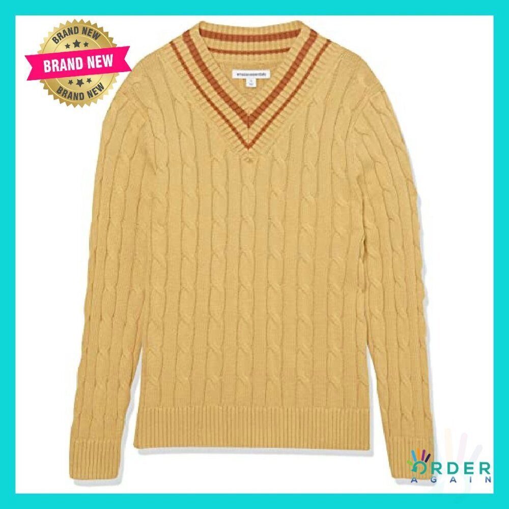 Men's Cable Knit V-Neck Sweater Classic Minimal Preppy Layering Essential - Picture 7 of 8